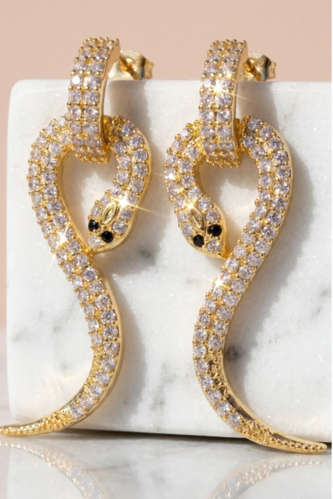 Gold Crystal Snake Drop Statement Earrings